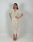 Abito DAIANE - abito lungo in pizzo francese con spille a forma di fiocco rimovibili - abito longuette collezione chic