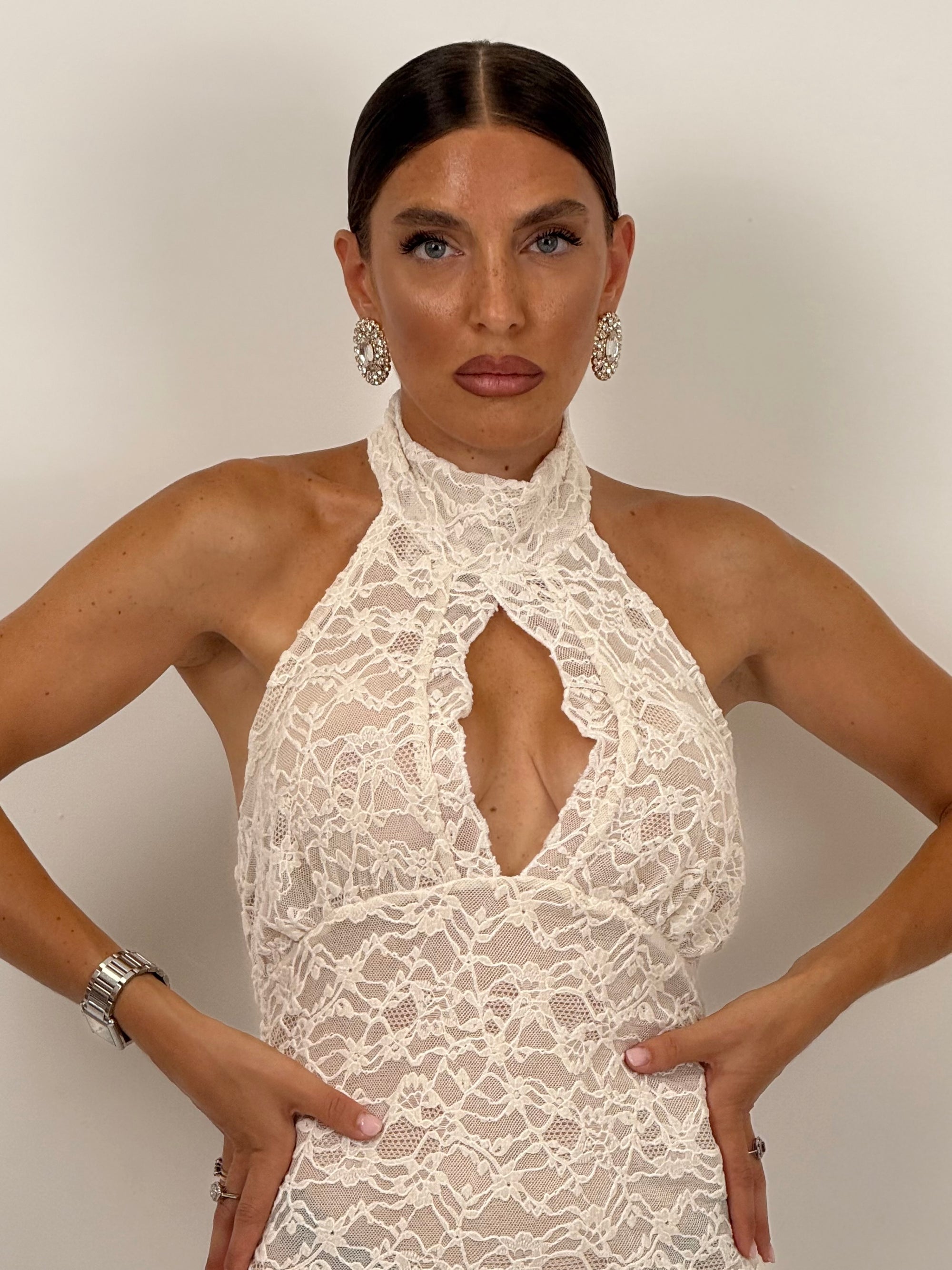 Abito PEARL - abito lungo in pizzo scollo all americana con corpetto particolare