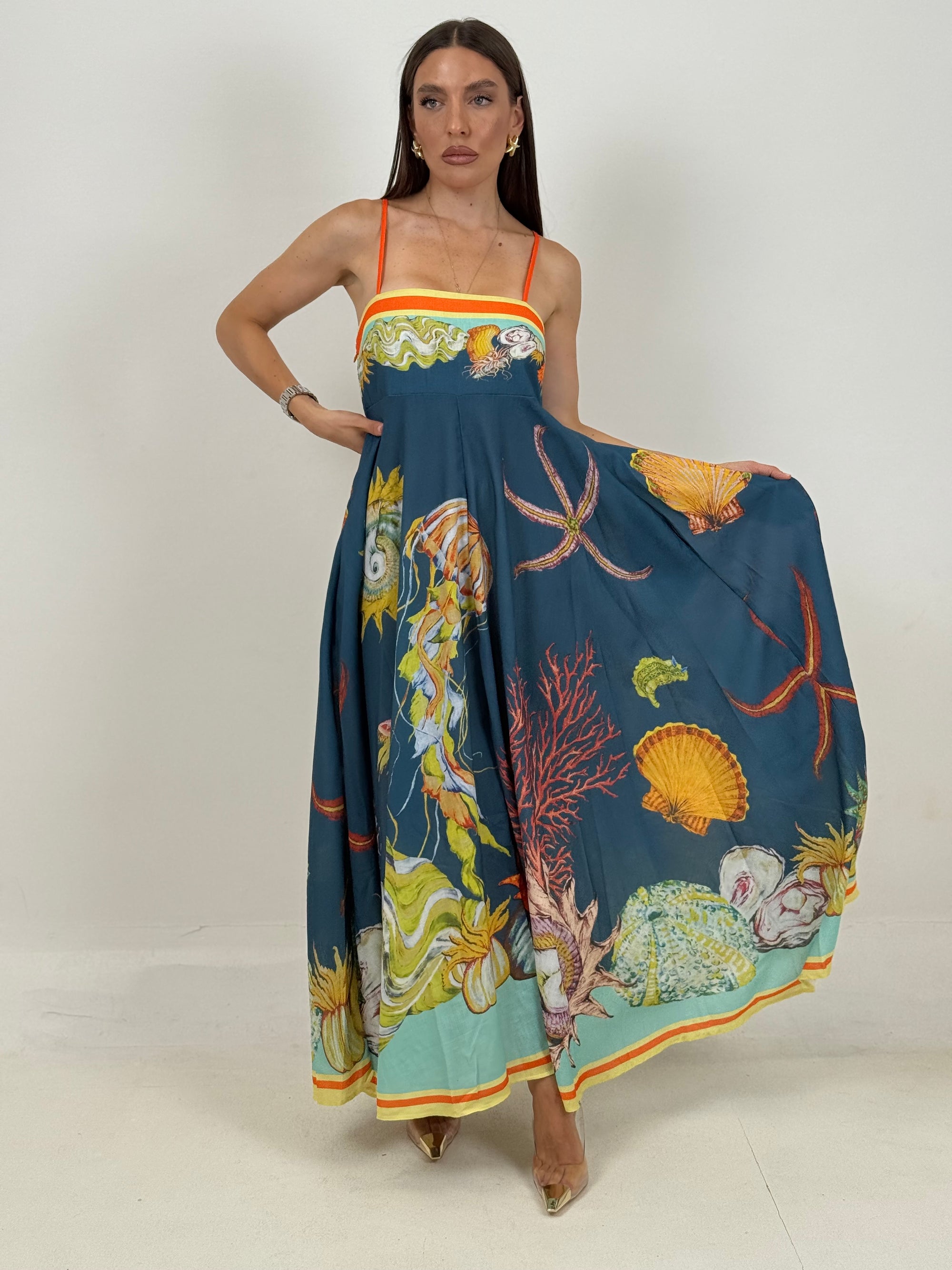 Abito ALTA MAREA - abito fantasia marina con conchiglie e coralli - collezione chic
