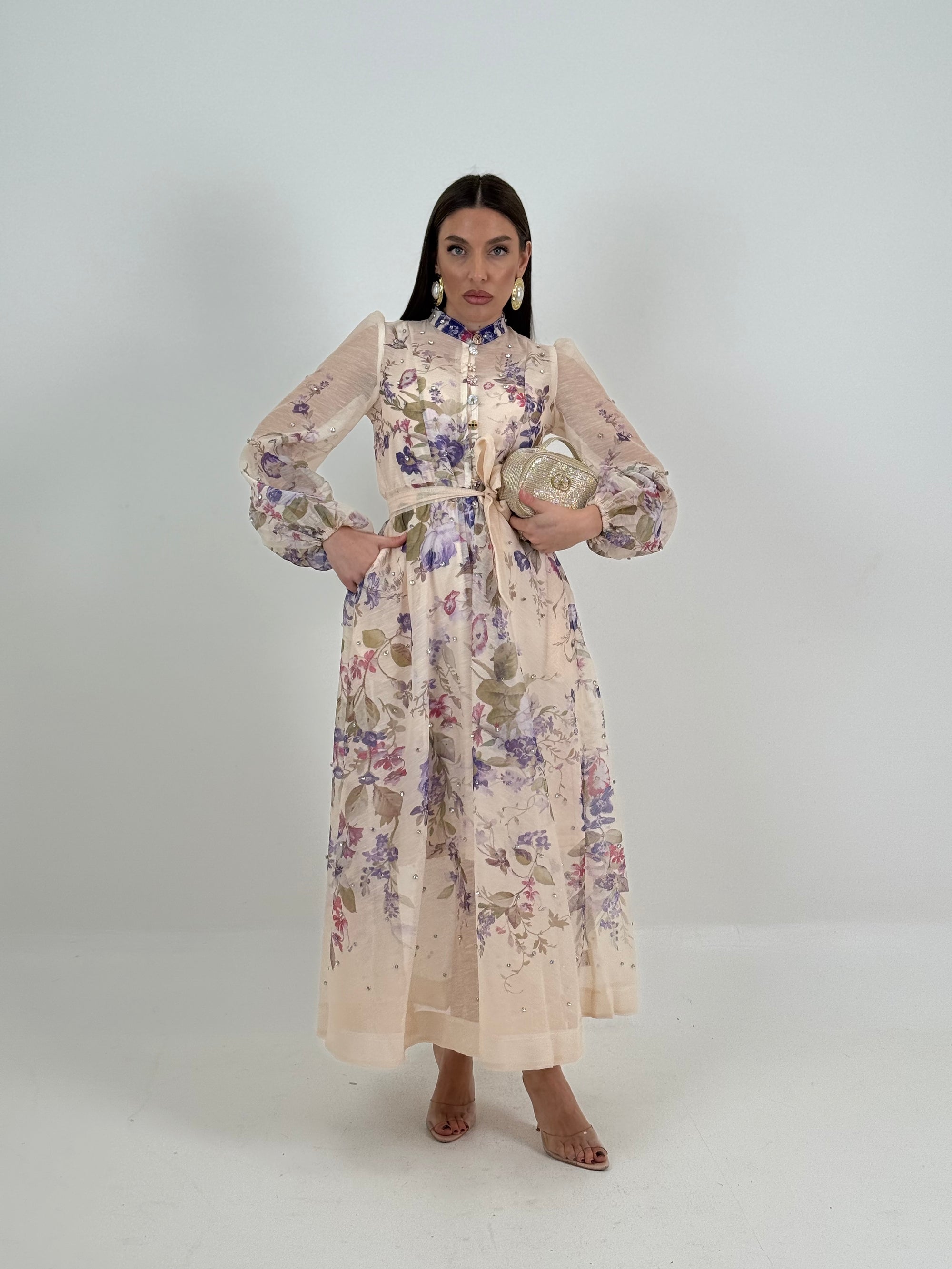 Abito LILLAC - abito lungo con cintura nel punto vita, fantasia fiori fucsia e lilla - collezione chic