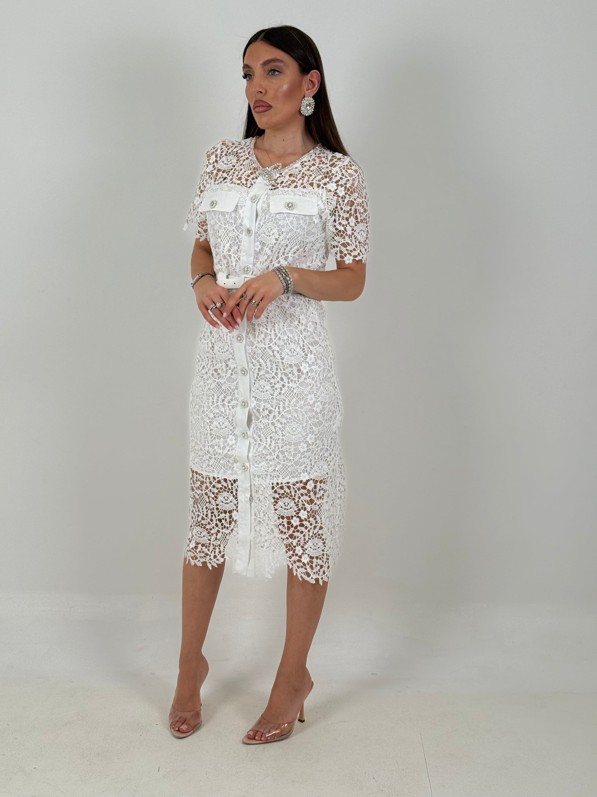 Abito BRILLANTINO - abito longuette in pizzo con bottoni gioiello - collezione chic