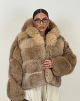 Pelliccia in volpe N47 - bomber in volpe miele taglio orizzontale con cappuccio