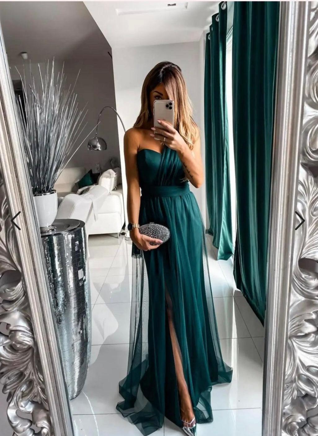 Abito lungo monospalla con velo sovrapposto - Jiumir