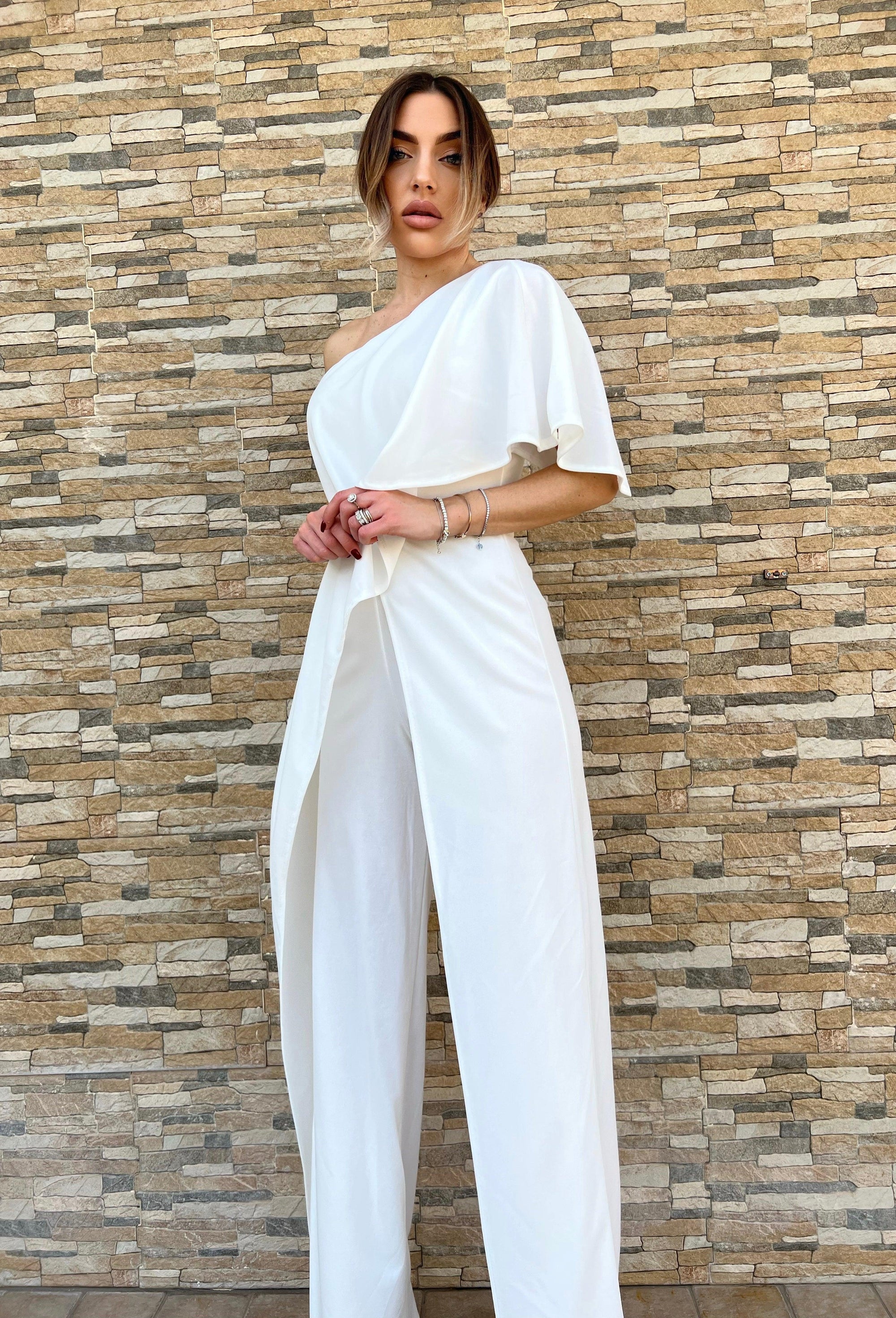 Tuta intera Monospalla- tuta intera con scollo particolare- monospalla con rouche - Jiumir