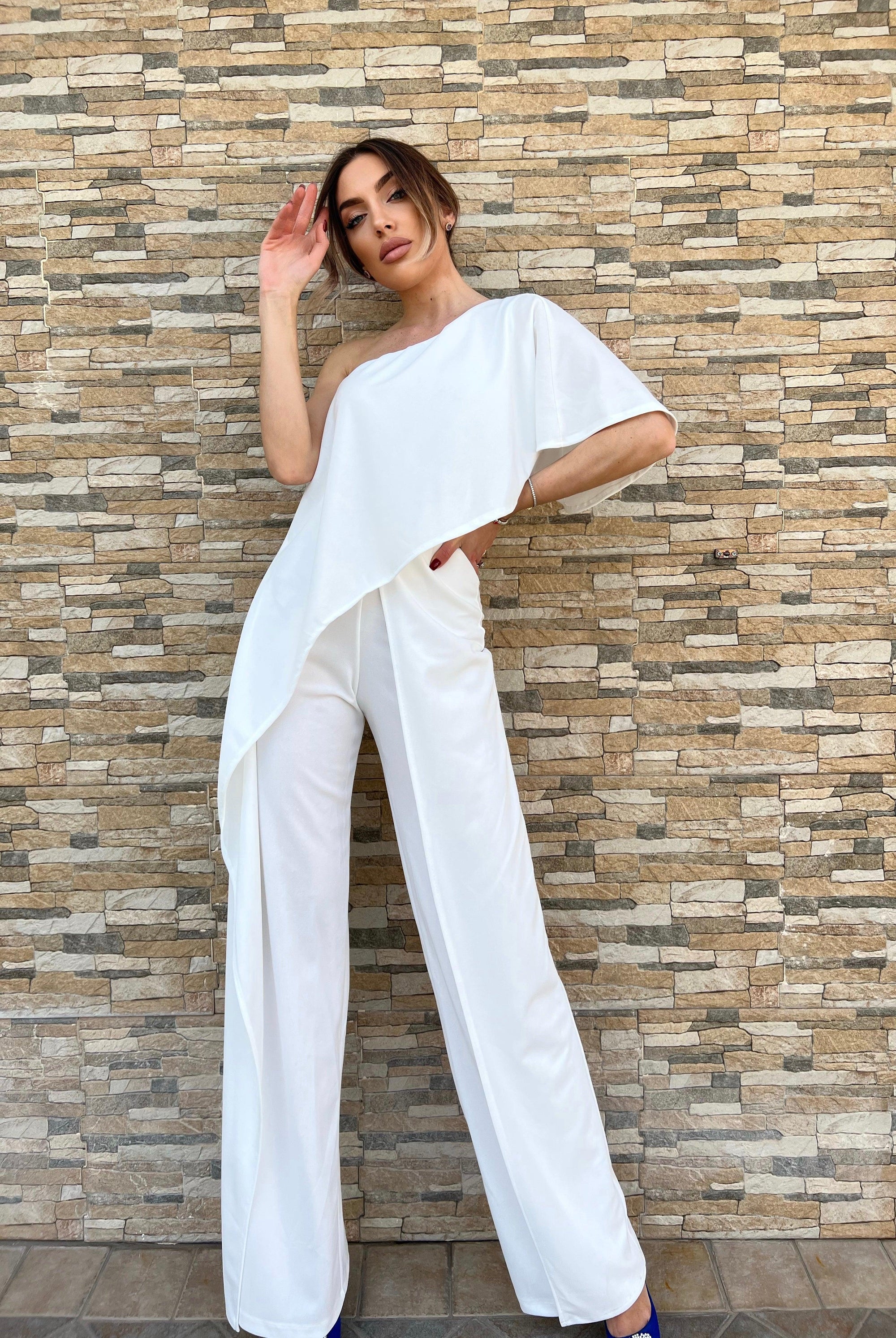 Tuta intera Monospalla- tuta intera con scollo particolare- monospalla con rouche - Jiumir