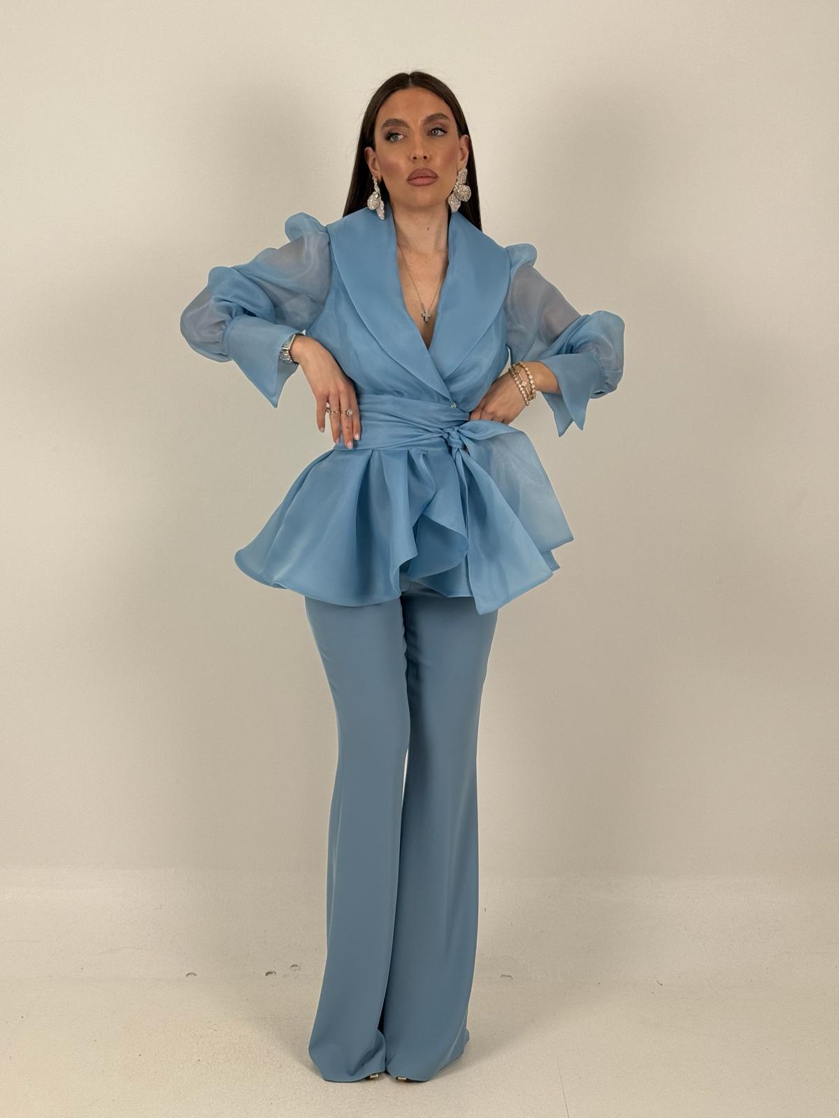 Tailleur MARYS - Tailleur sartoriale giacca in organza con cintura fascia larga nel punto vita e pantalone a zampa - top quality