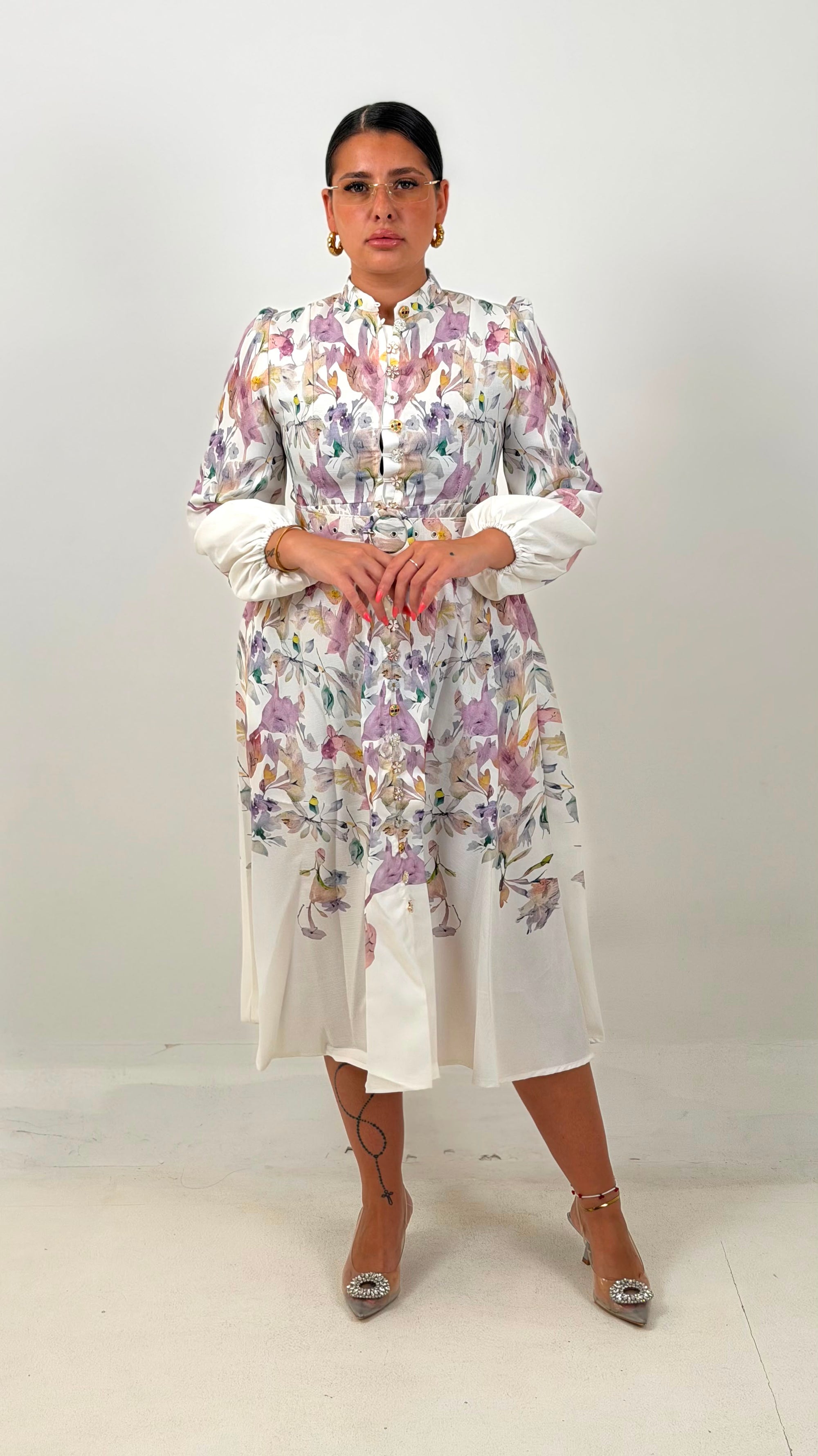 CURVY Abito MELLOR. - abito lungo fantasia a fiori con Cintura nel punto Vita - collezione chic