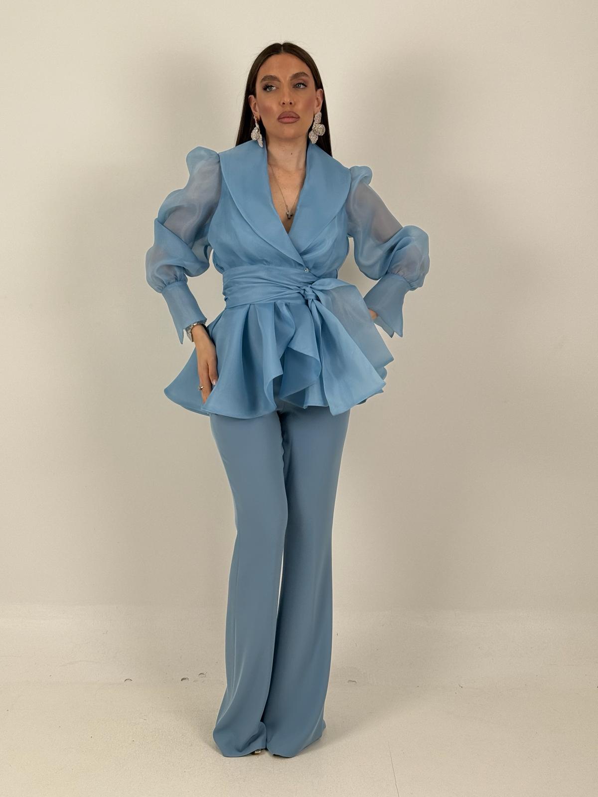Tailleur MARYS - Tailleur sartoriale giacca in organza con cintura fascia larga nel punto vita e pantalone a zampa - top quality