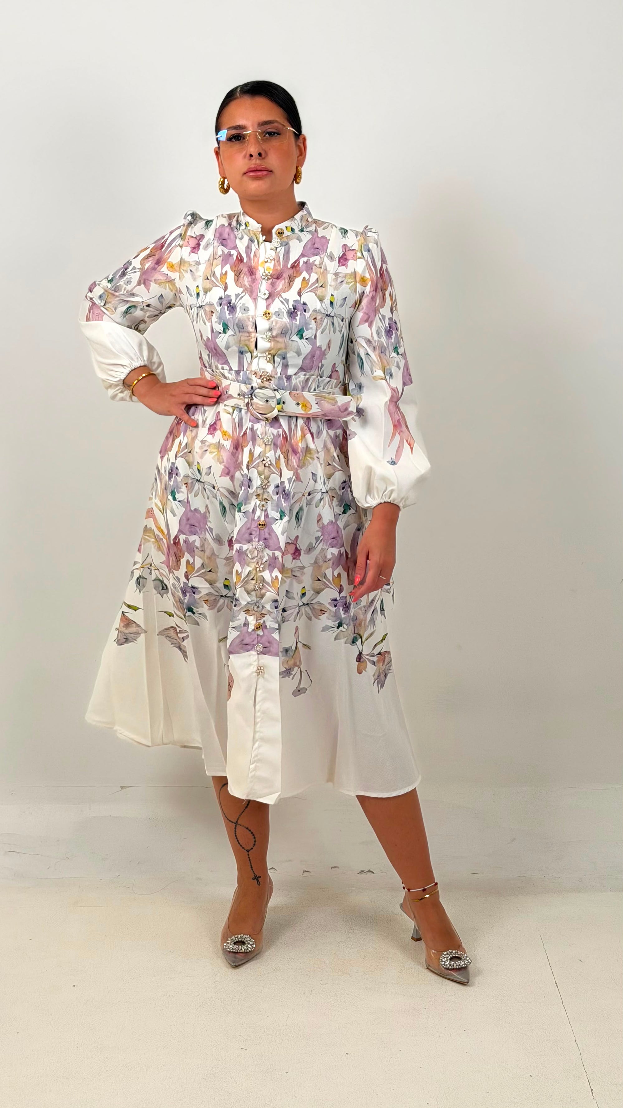 CURVY Abito MELLOR. - abito lungo fantasia a fiori con Cintura nel punto Vita - collezione chic