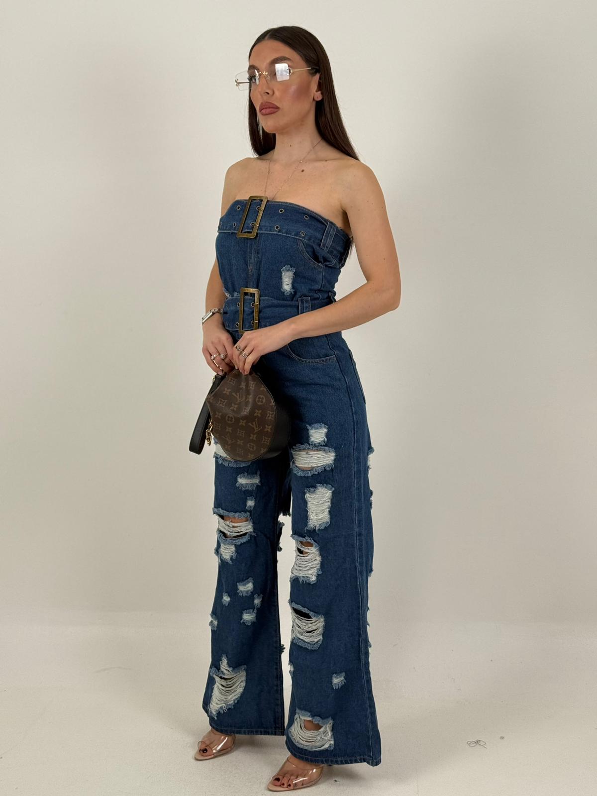Tuta GERRY - Tuta intera di jeans scollo a fascia con doppia cintura