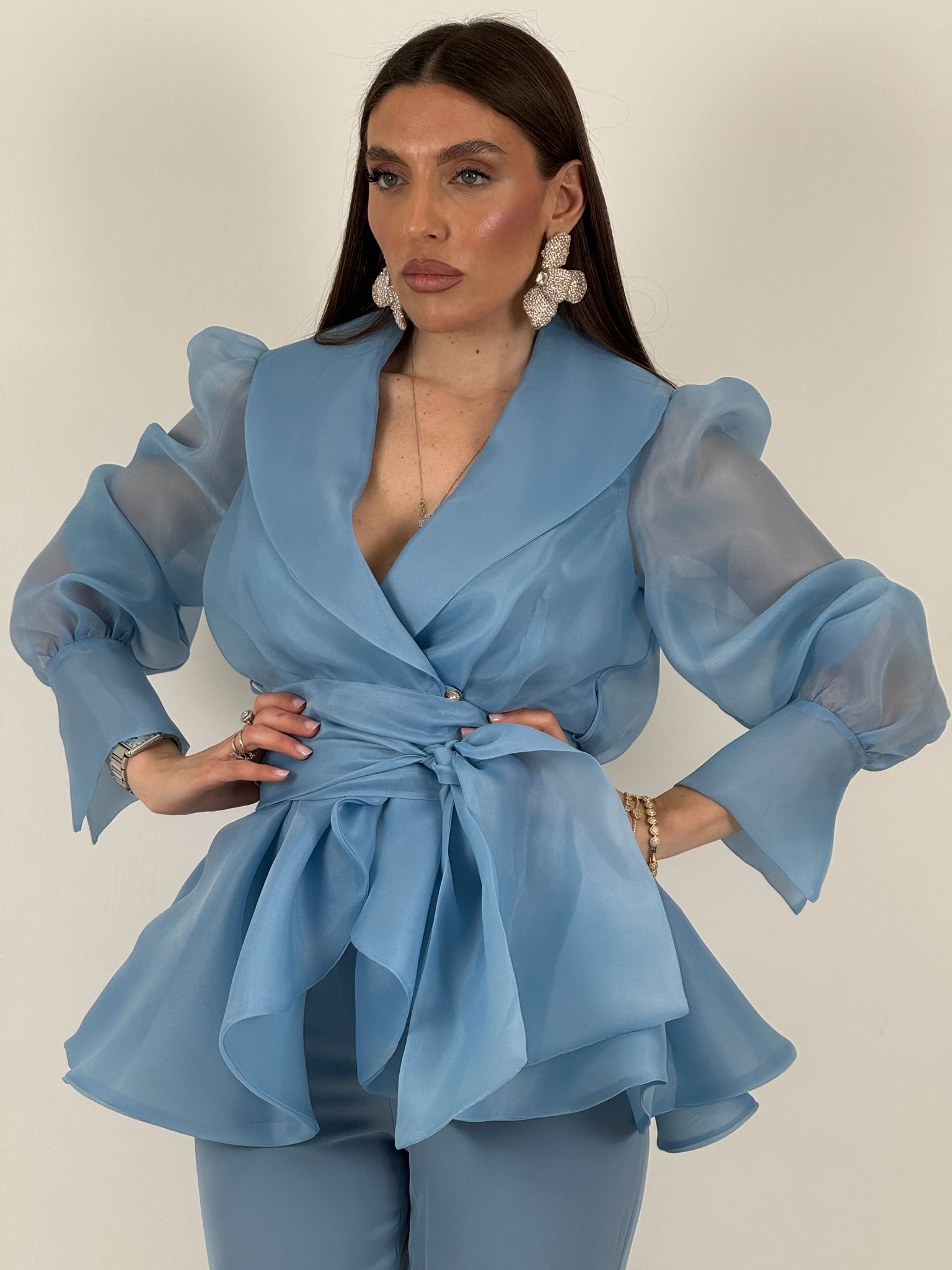 Tailleur MARYS - Tailleur sartoriale giacca in organza con cintura fascia larga nel punto vita e pantalone a zampa - top quality