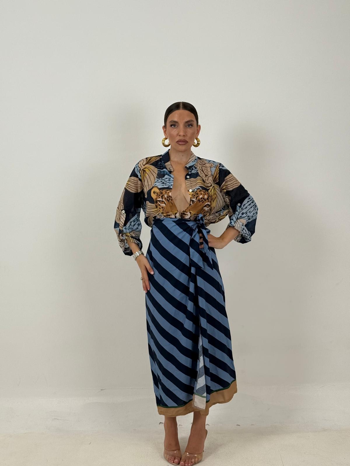Cordset TIGER BLU - completo gonna pareo e camicia
