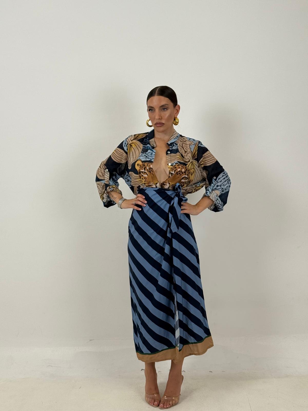 Cordset TIGER BLU - completo gonna pareo e camicia