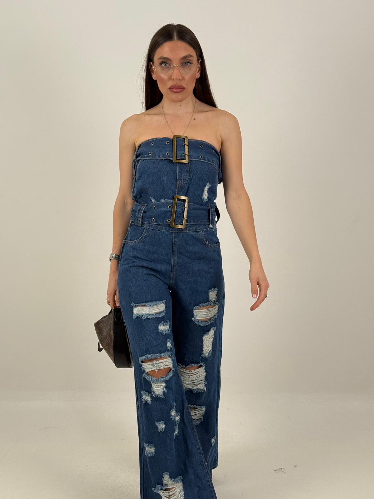 Tuta GERRY - Tuta intera di jeans scollo a fascia con doppia cintura