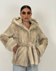 Pelliccia in visone crema N64 - Giacca in visone modello accappatoio con cappuccio Top quality