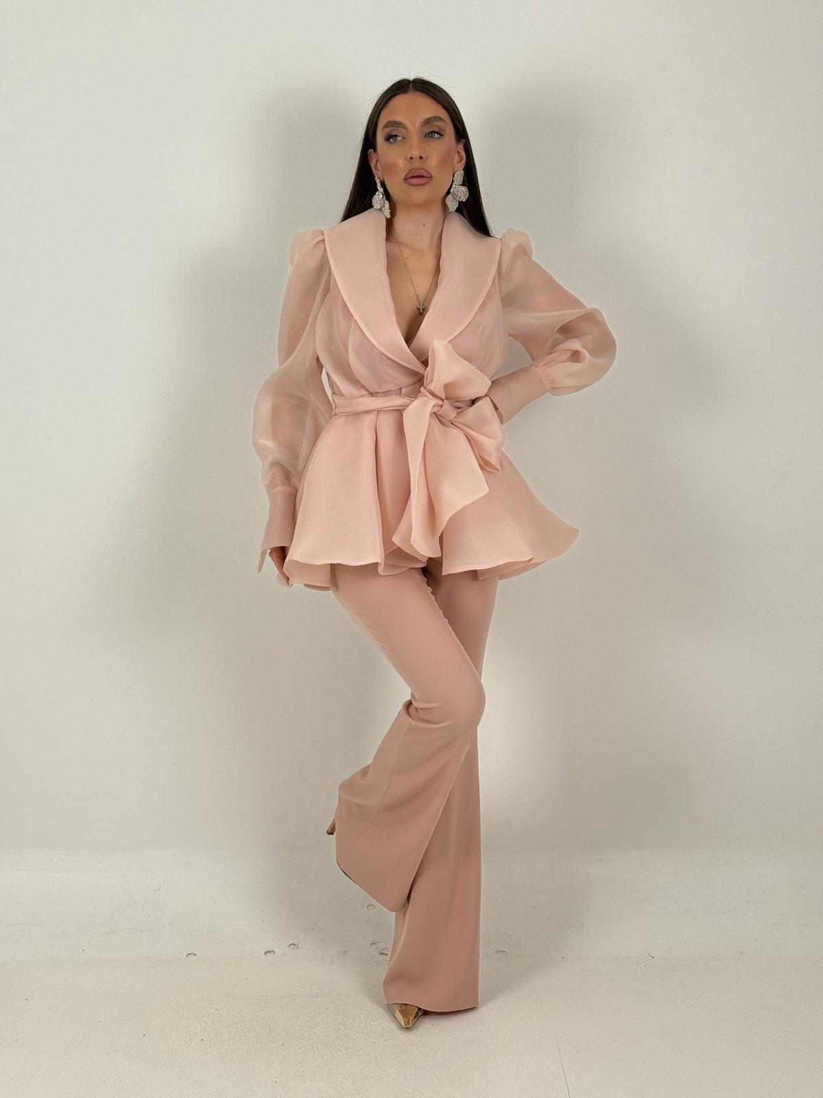 Tailleur MARYS - Tailleur sartoriale giacca in organza con cintura fascia larga nel punto vita e pantalone a zampa - top quality