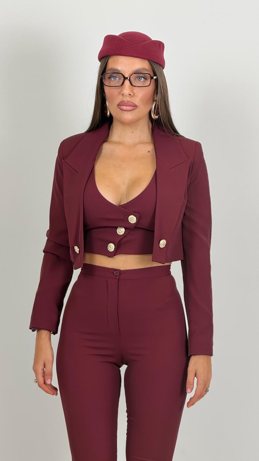 Tailleur VIOLANTE - Tailleur sartoriale 3 pezzi panciotto giacca corta e pantalone effetto guaina a zampa