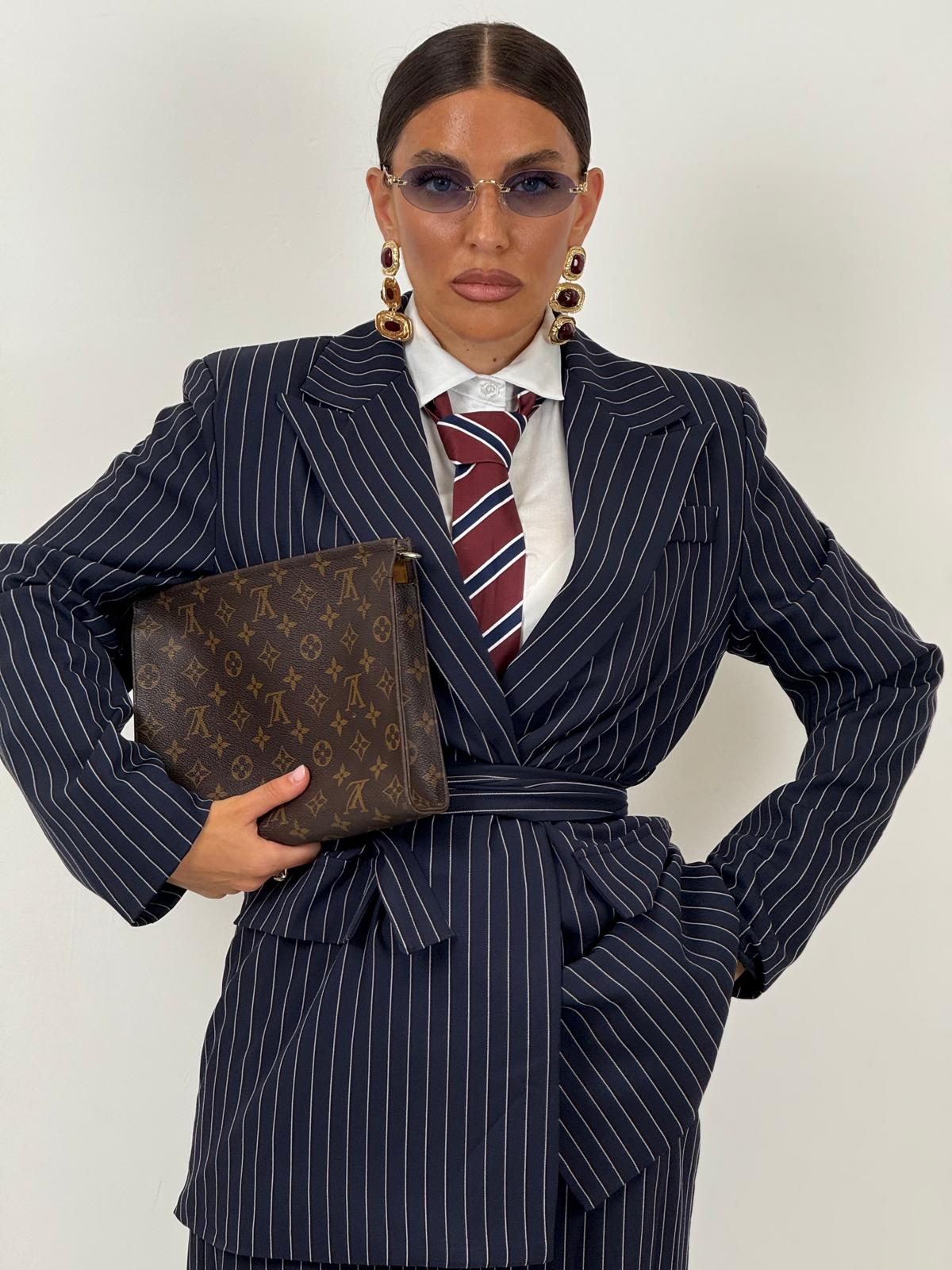 Tailleur ENRICA - COMPLETO GIACCA CON CINTURA E PANTALONE GESSATO