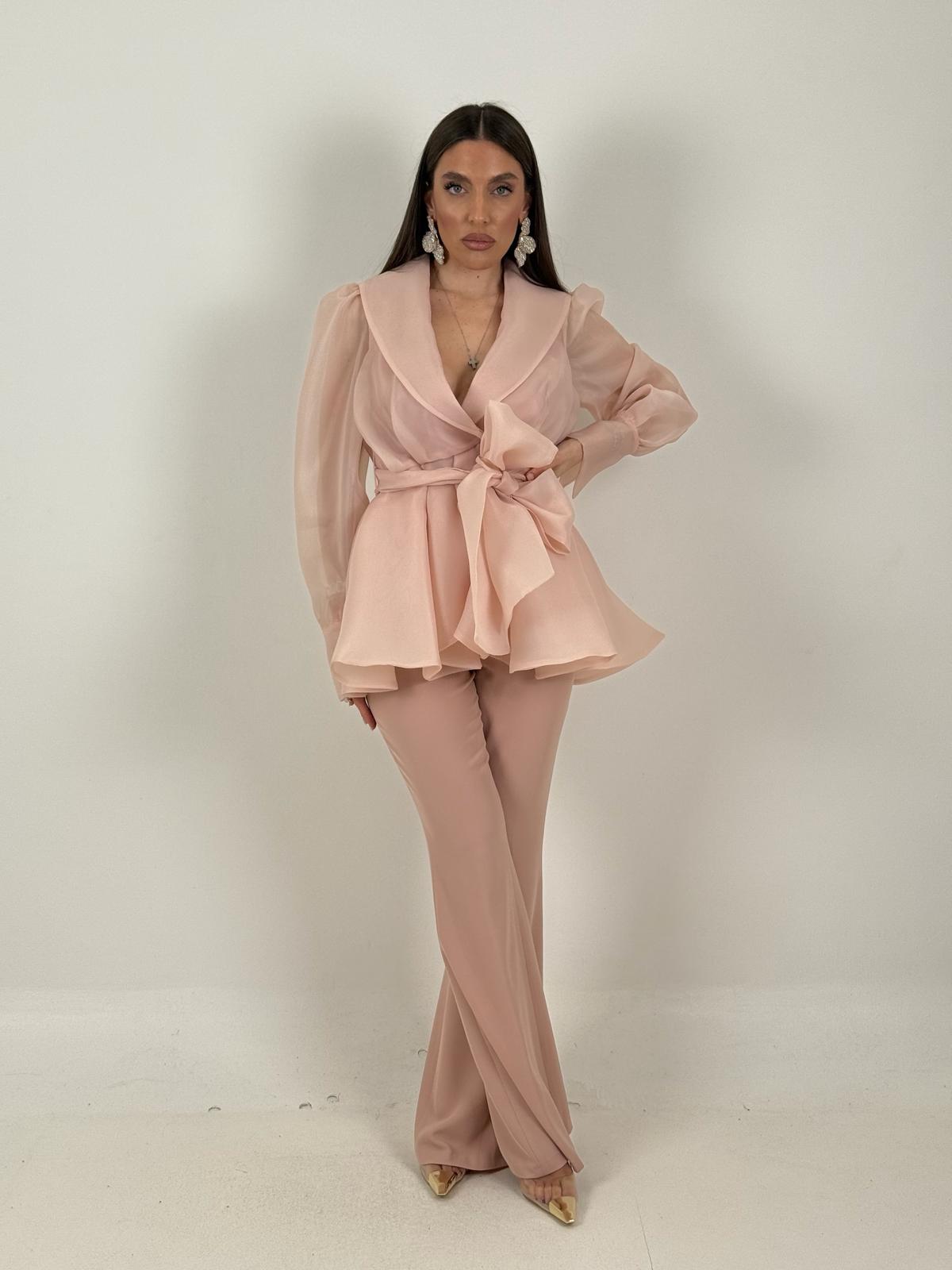 Tailleur MARYS - Tailleur sartoriale giacca in organza con cintura fascia larga nel punto vita e pantalone a zampa - top quality