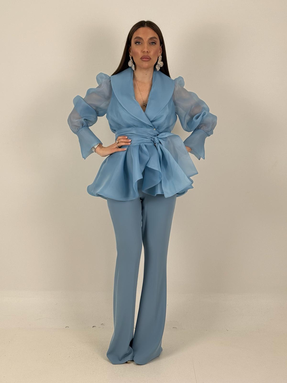Tailleur MARYS - Tailleur sartoriale giacca in organza con cintura fascia larga nel punto vita e pantalone a zampa - top quality
