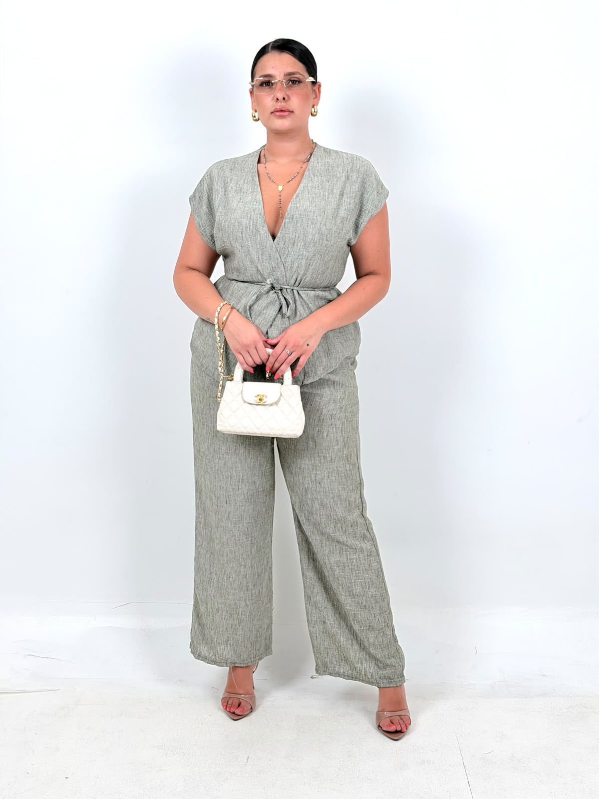 CURVY Cordset PINK - completo composto da blusa con fiocco in vita e pantalone palazzo LOW - COST