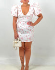 CURVY Abito fiorellino - abito corto bandage con manica a palloncino