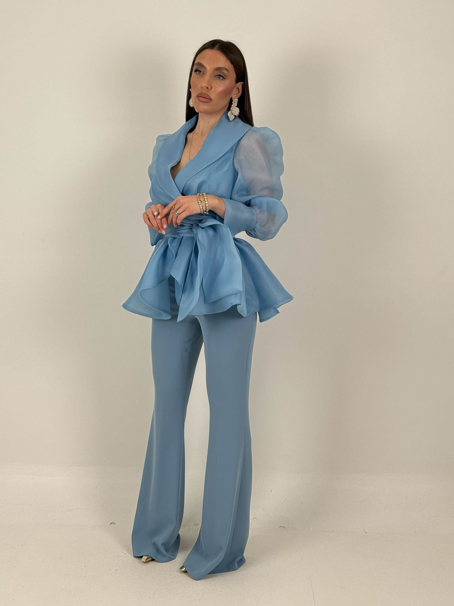 Tailleur MARYS - Tailleur sartoriale giacca in organza con cintura fascia larga nel punto vita e pantalone a zampa - top quality