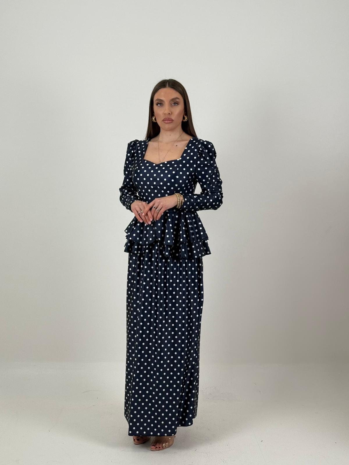 Cordset ESTERINA - Completo gonna e blusa con rouche finale fantasia a pois