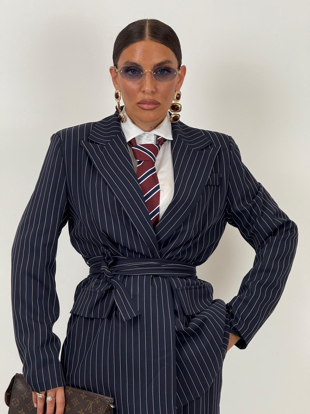 Tailleur ENRICA - COMPLETO GIACCA CON CINTURA E PANTALONE GESSATO