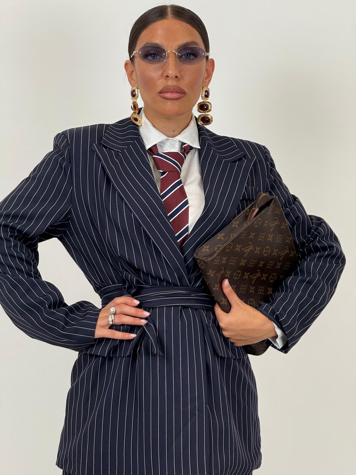 Tailleur ENRICA - COMPLETO GIACCA CON CINTURA E PANTALONE GESSATO