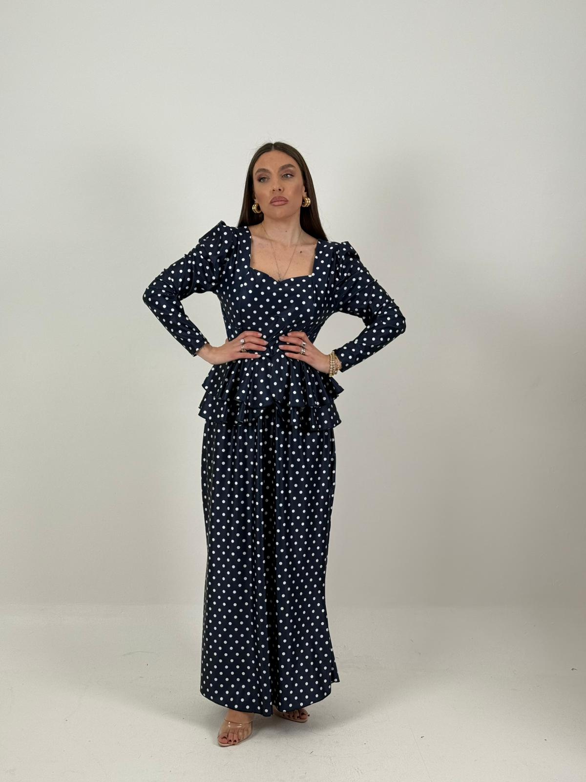 Cordset ESTERINA - Completo gonna e blusa con rouche finale fantasia a pois