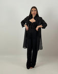 Cordset MOLLY - Completo sartoriale con giacca lunga e pantalone vita alta a palazzo completamente in pizzo