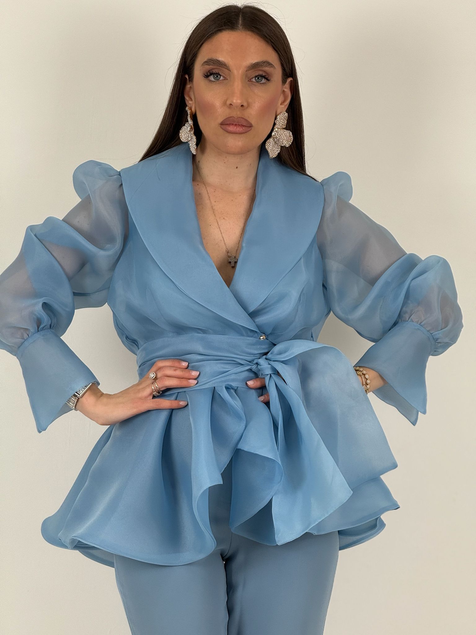 Tailleur MARYS - Tailleur sartoriale giacca in organza con cintura fascia larga nel punto vita e pantalone a zampa - top quality