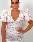 CURVY Abito fiorellino - abito corto bandage con manica a palloncino