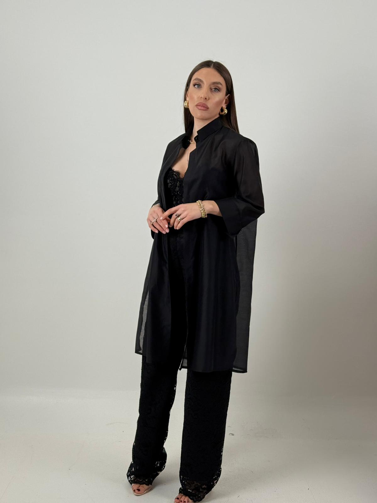 Cordset MOLLY - Completo sartoriale con giacca lunga e pantalone vita alta a palazzo completamente in pizzo