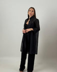 Cordset MOLLY - Completo sartoriale con giacca lunga e pantalone vita alta a palazzo completamente in pizzo