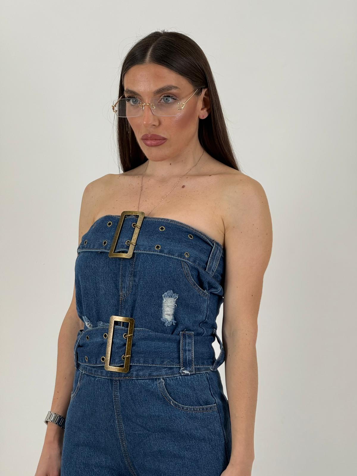 Tuta GERRY - Tuta intera di jeans scollo a fascia con doppia cintura
