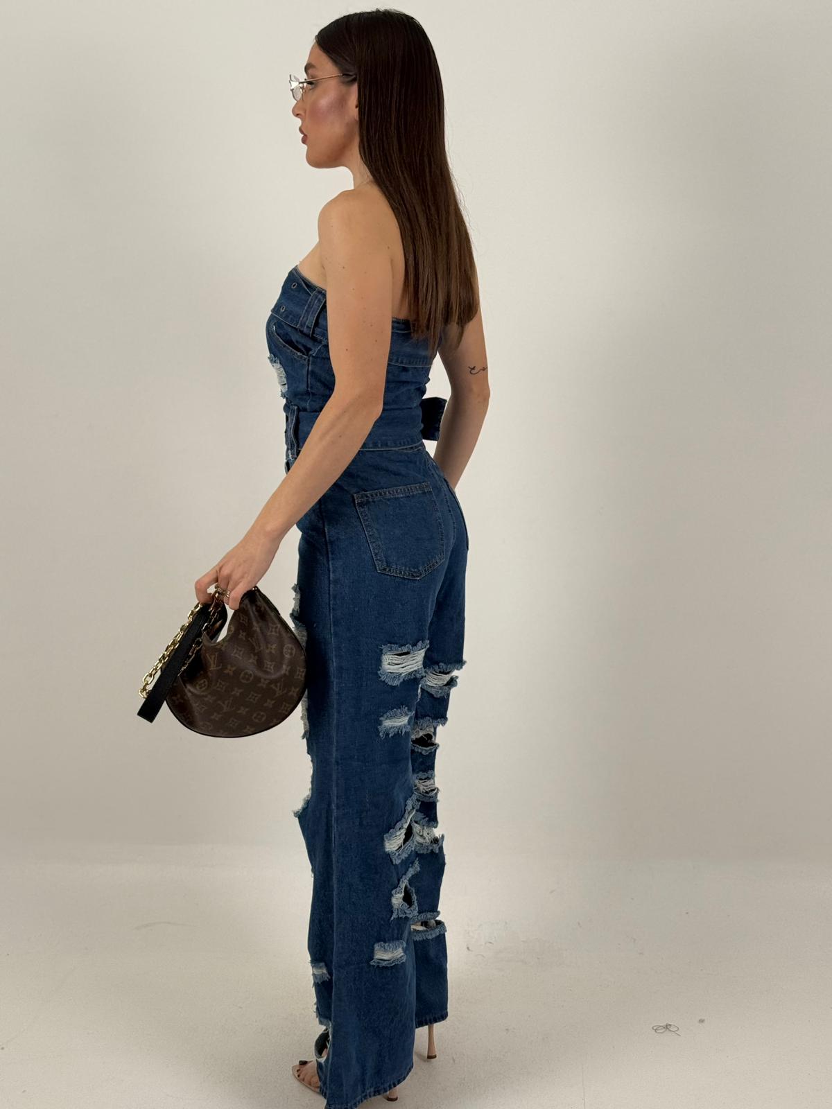 Tuta GERRY - Tuta intera di jeans scollo a fascia con doppia cintura