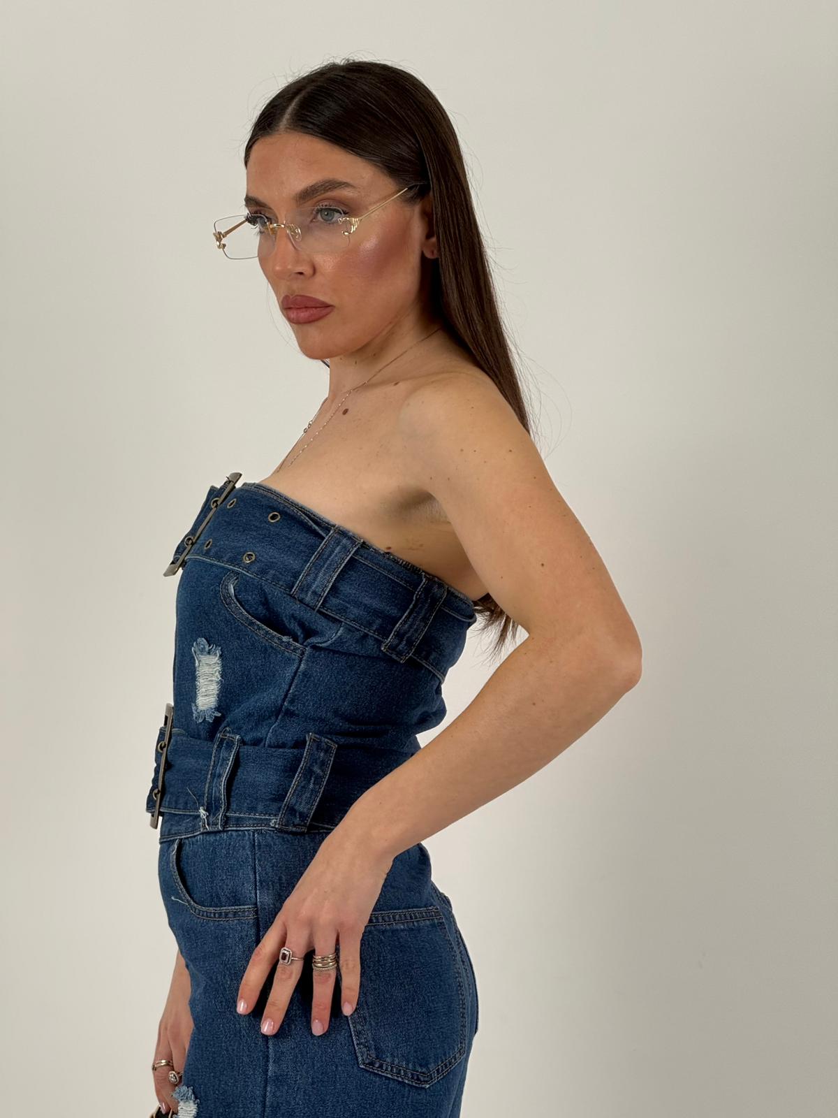 Tuta GERRY - Tuta intera di jeans scollo a fascia con doppia cintura