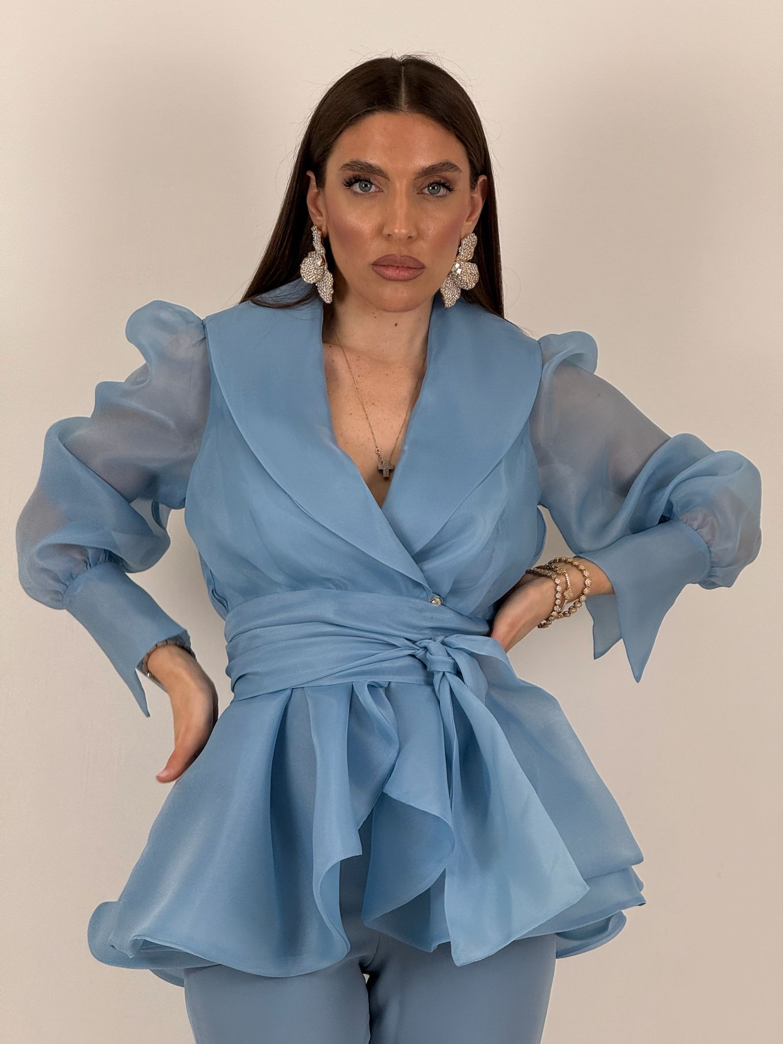 Tailleur MARYS - Tailleur sartoriale giacca in organza con cintura fascia larga nel punto vita e pantalone a zampa - top quality