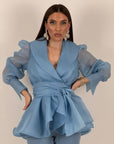 Tailleur MARYS - Tailleur sartoriale giacca in organza con cintura fascia larga nel punto vita e pantalone a zampa - top quality
