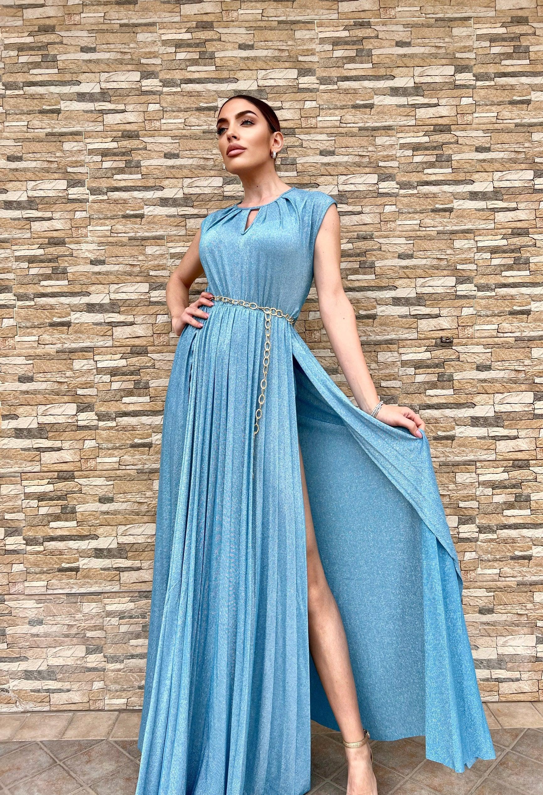 Abito lungo laminato con corpetto girocollo con spacco laterale - Jiumir