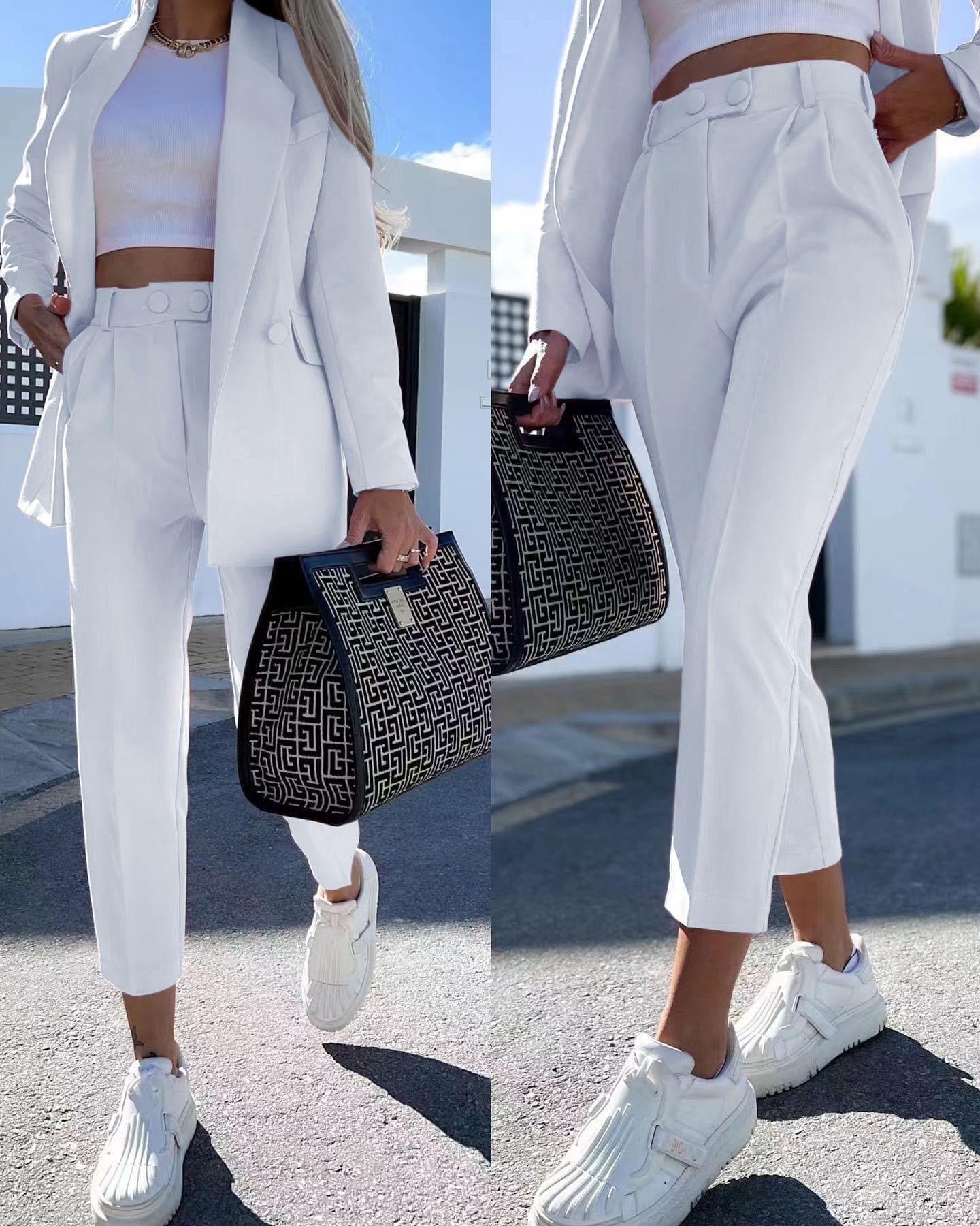 Tailleurs giacca con doppio bottone e pantalone vita alta con bustino rivestito - Jiumir