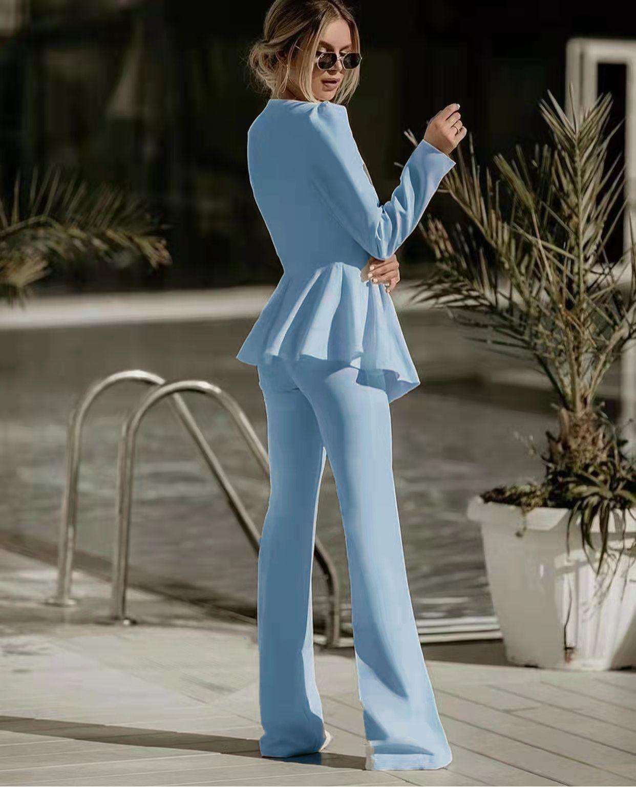 Tailleur Asia - Completo tre pezzi - giacca pantalone e top - giacca con rouche e pantalone palazzo - Jiumir